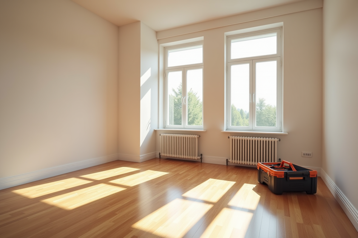 Intérieur d appartement propre avec lumière naturelle et outils de réparation