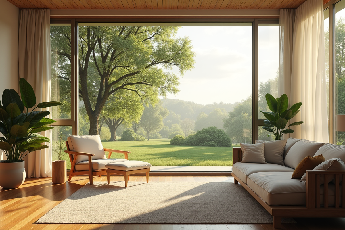 Salon minimaliste avec vue sur la nature et systeme d