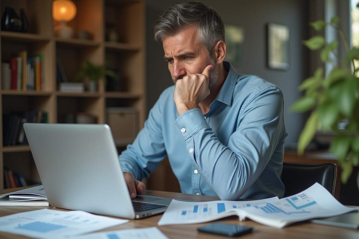 Investisseur préoccupé devant ses documents immobiliers