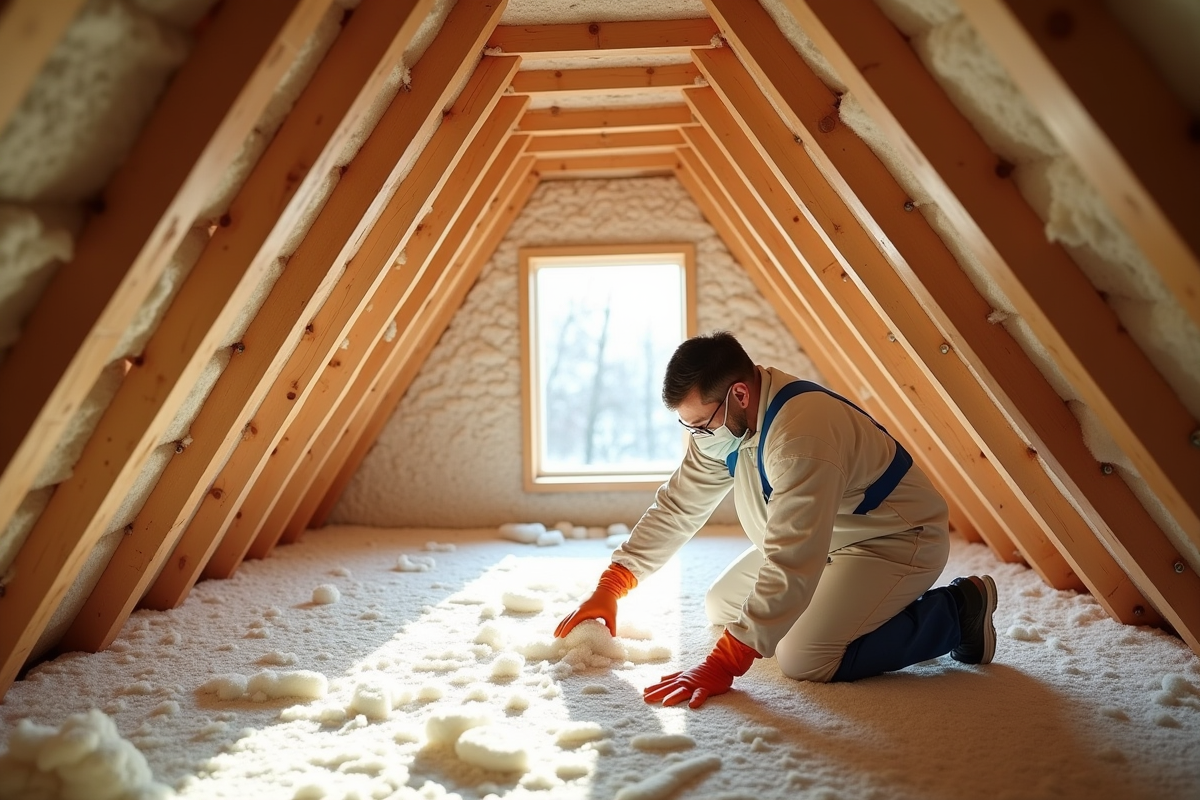 Professionnel isolant en protection dans un grenier lumineux
