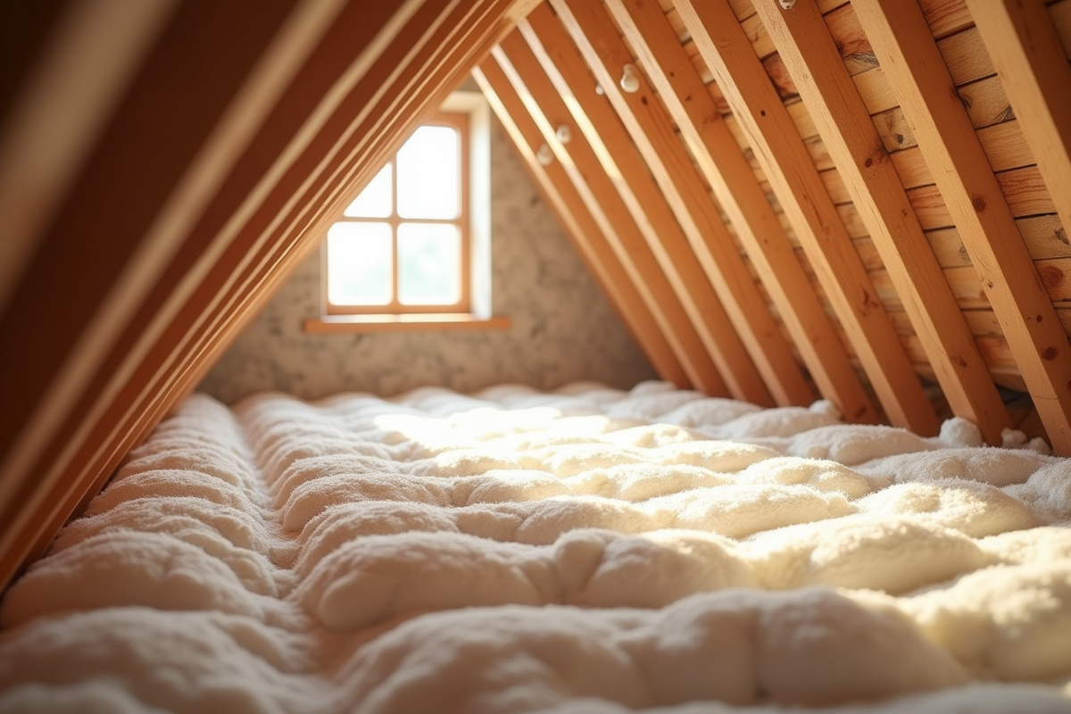 Intérieur moderne d'un grenier avec isolation visible et lumière naturelle