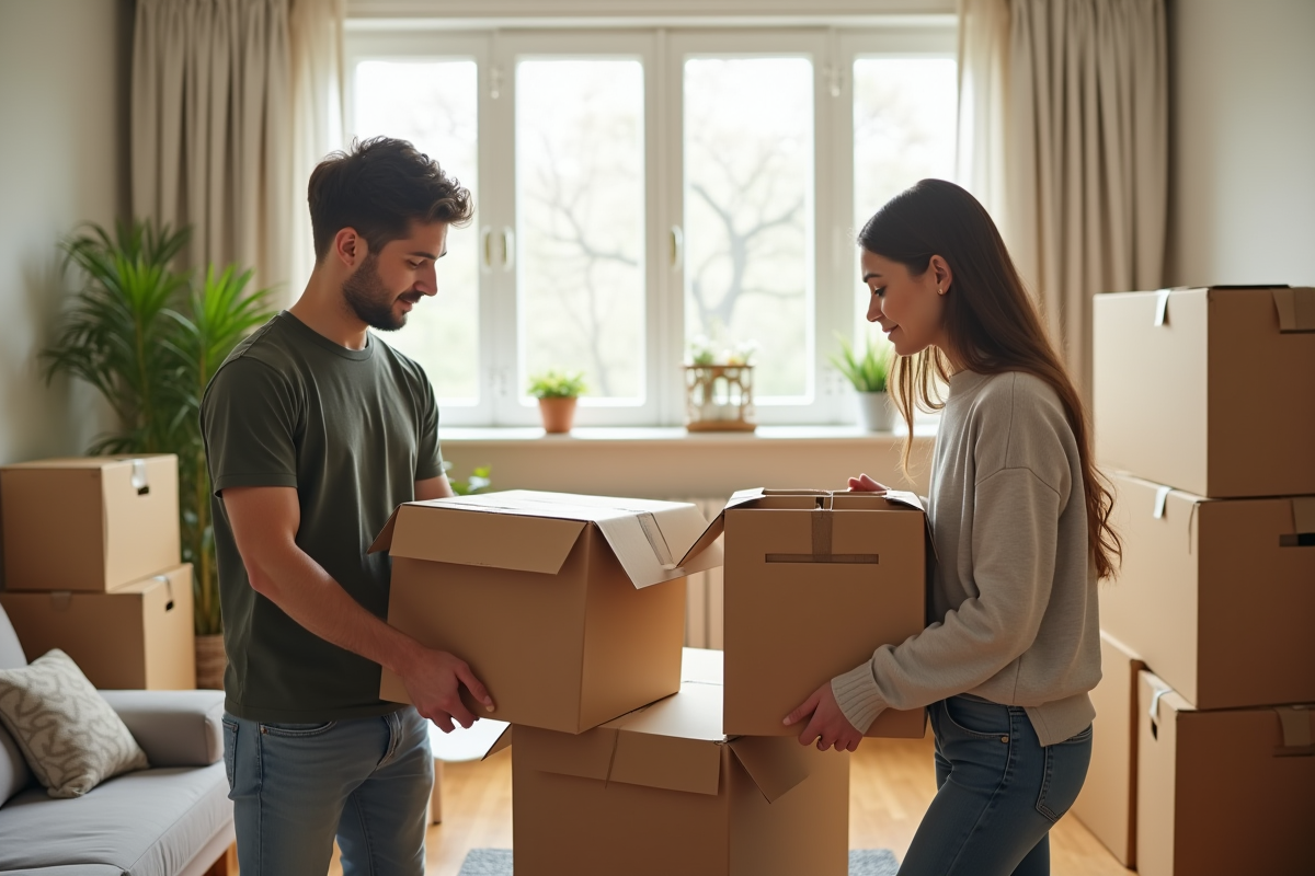 Jeune couple emballant des cartons dans un salon lumineux