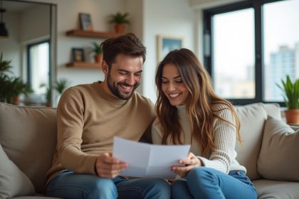 Jeune couple souriant examinant documents immobiliers dans un appartement