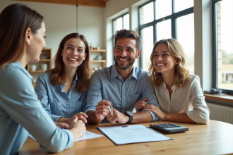 Jeune couple souriant avec agent immobilier dans un salon lumineux