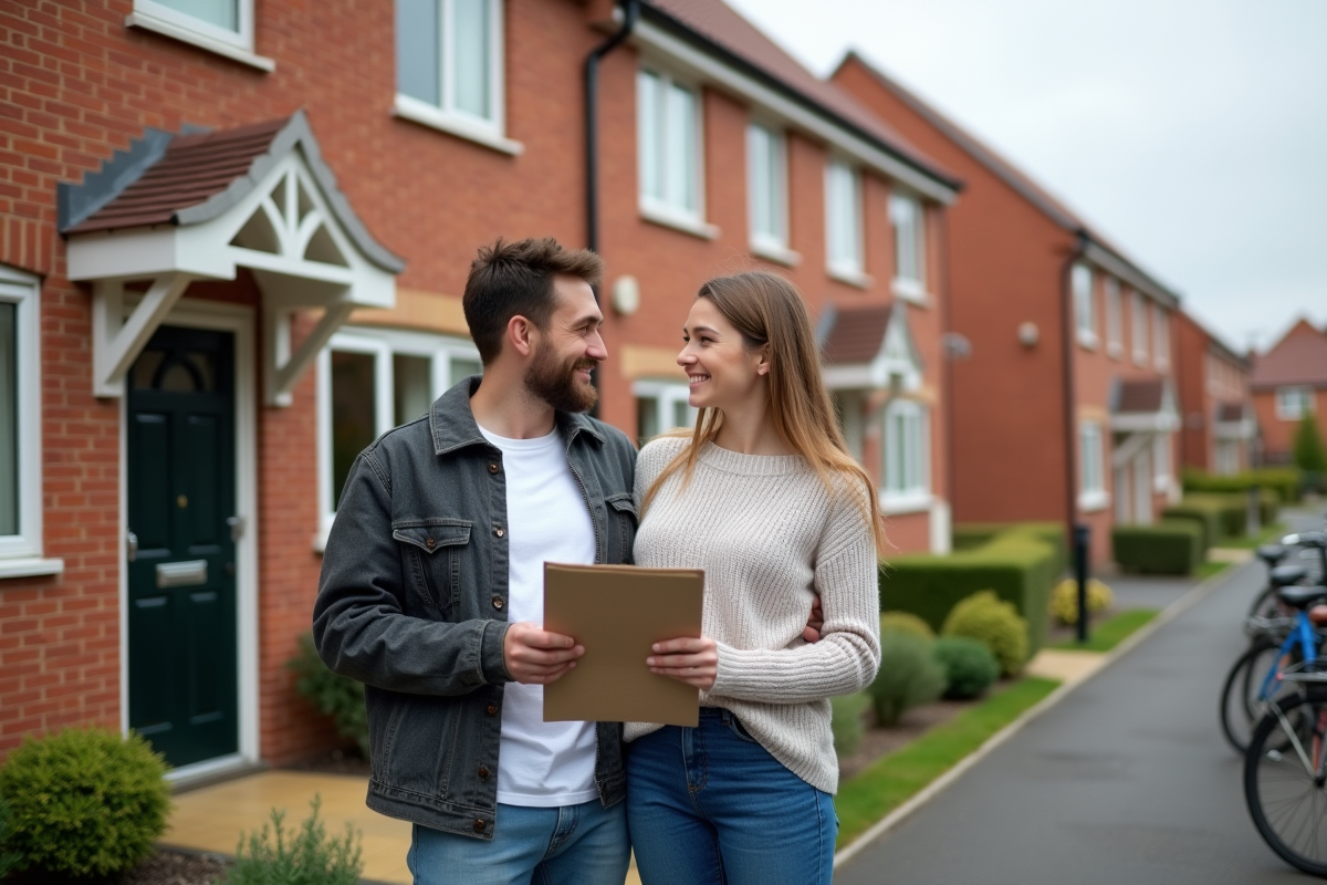 Jeune couple devant leur maison en briques avec assurance
