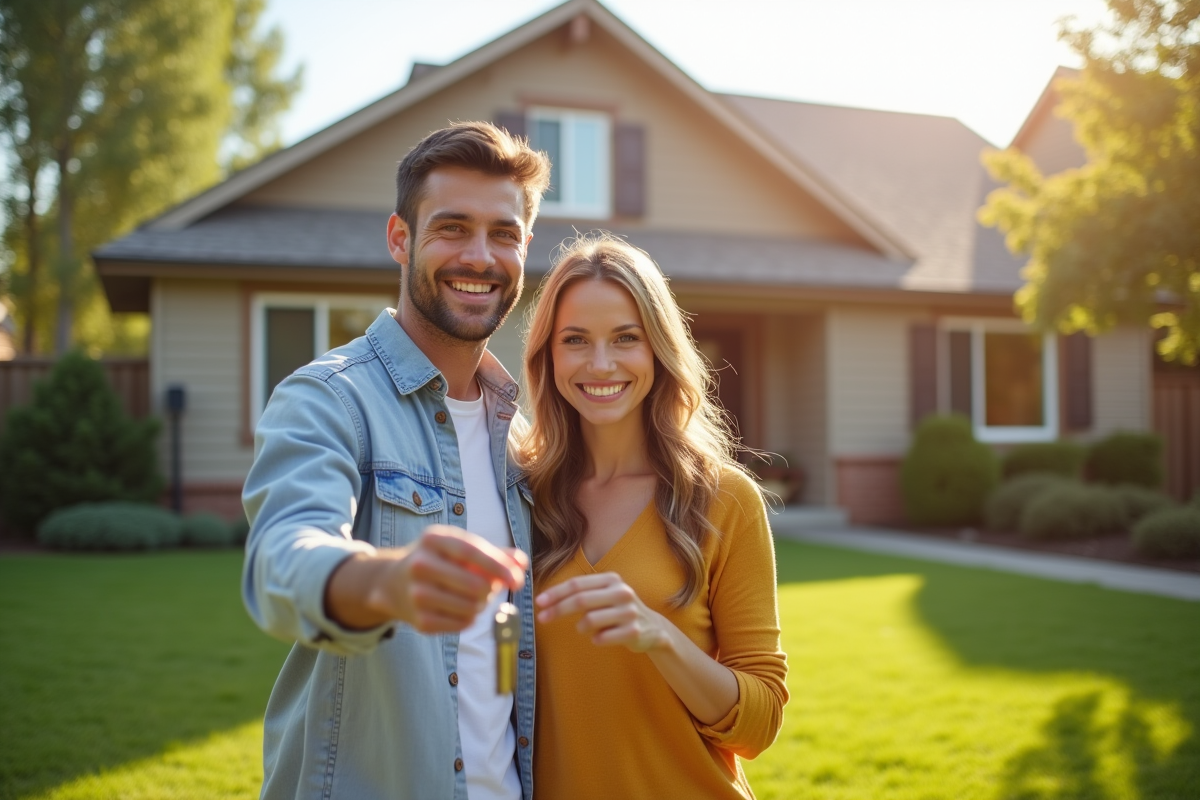 Jeune couple souriant avec clés devant leur nouvelle maison