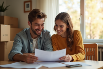 Jeune couple souriant à la maison avec documents de déménagement