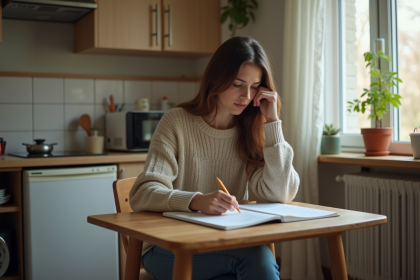 Jeune femme à la cuisine vérifiant ses factures