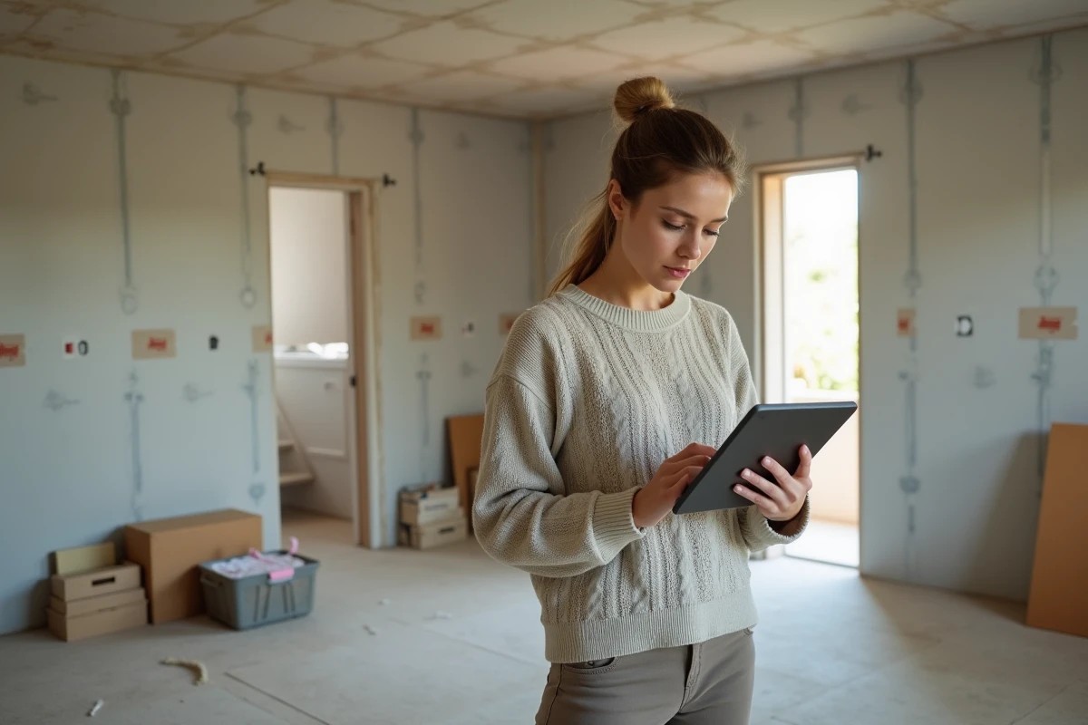 Jeune femme utilise une tablette pour calculer des coûts de rénovation