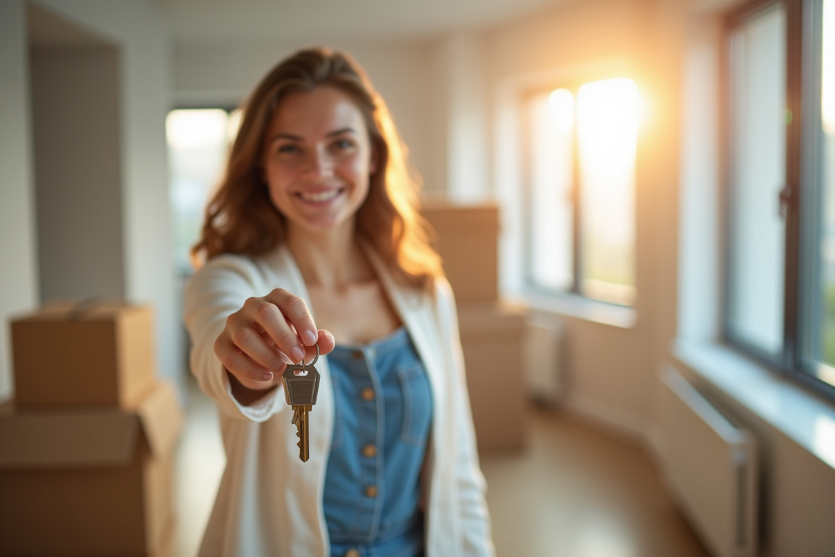 Jeune femme tenant des clés dans un appartement lumineux