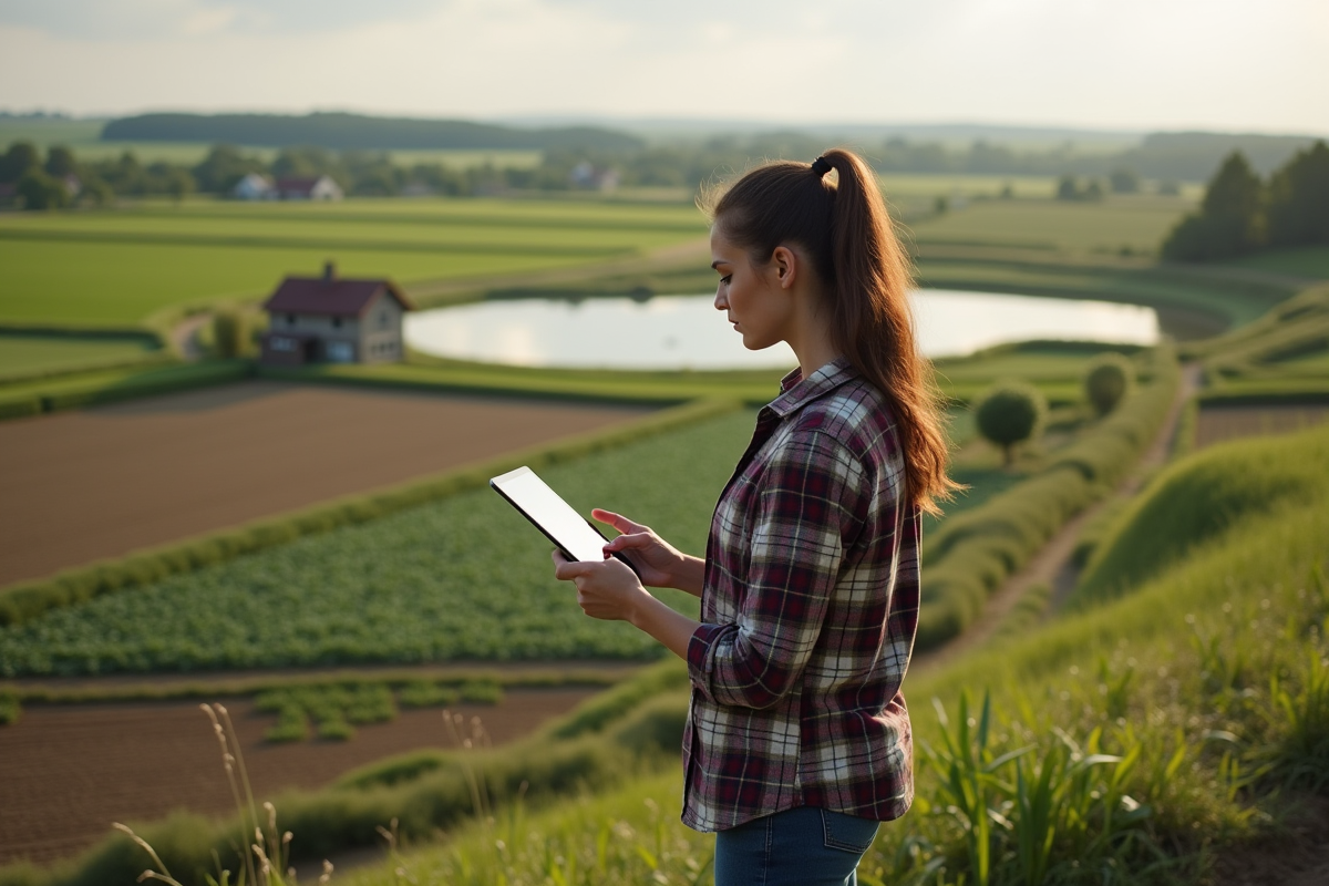 Jeune femme ingénieure agricole avec tablette dans champ