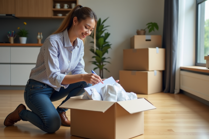 Jeune femme vérifiant un kit de déménagement dans un appartement moderne