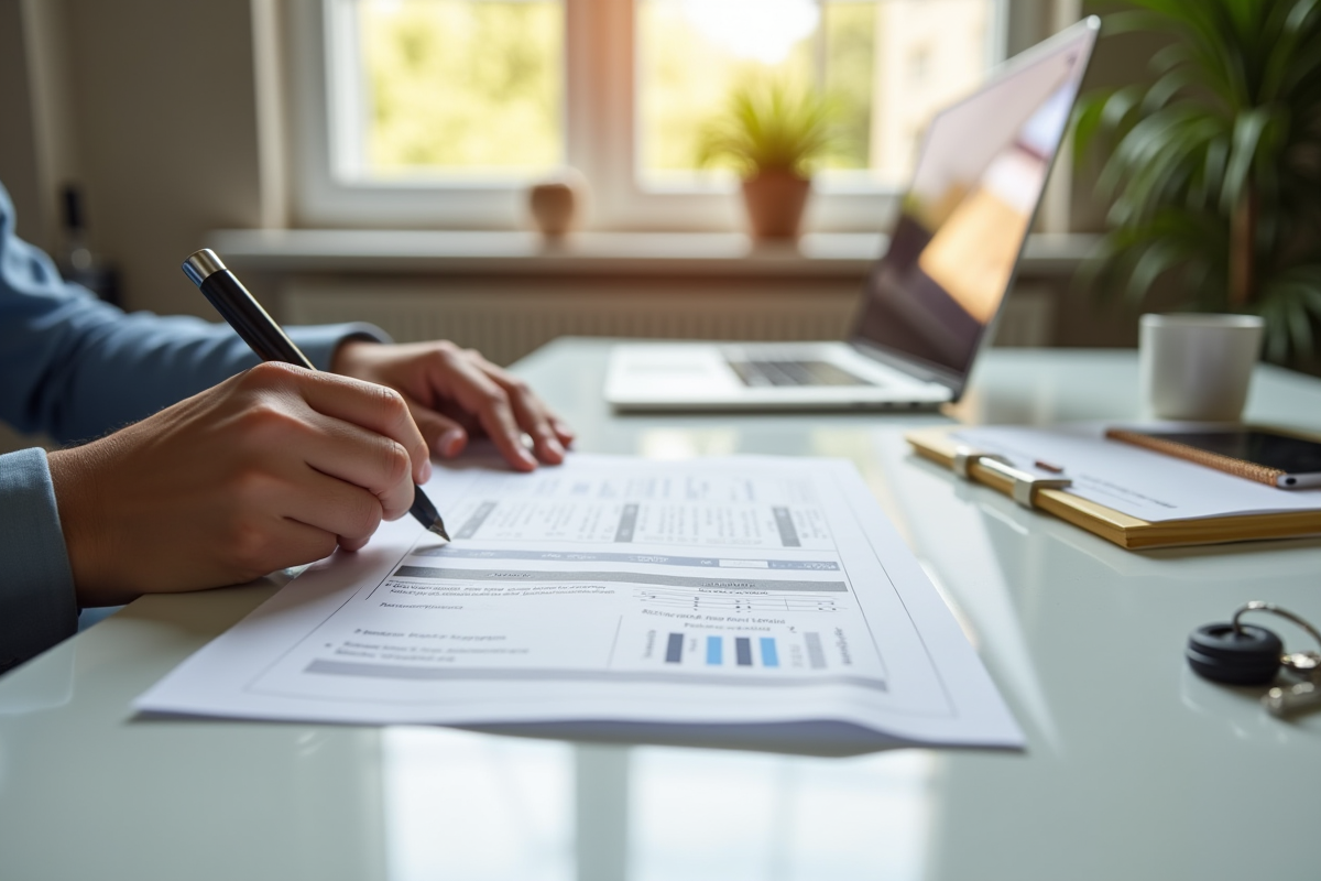 Personne examinant un avis fiscal français sur un bureau lumineux