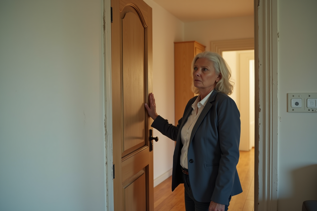 Louise inspecte une porte rayée dans un appartement