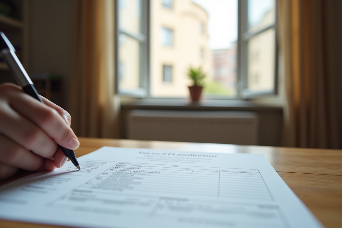 Main tenant un stylo sur une déclaration fiscale dans un appartement vide