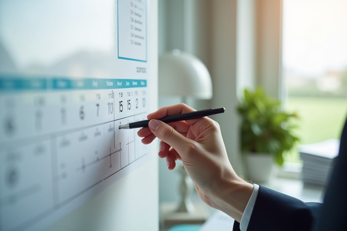 Main tenant un stylo notant des dates sur un calendrier dans un bureau lumineux