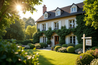 Maison de campagne élégante en vente avec panneau dans le jardin