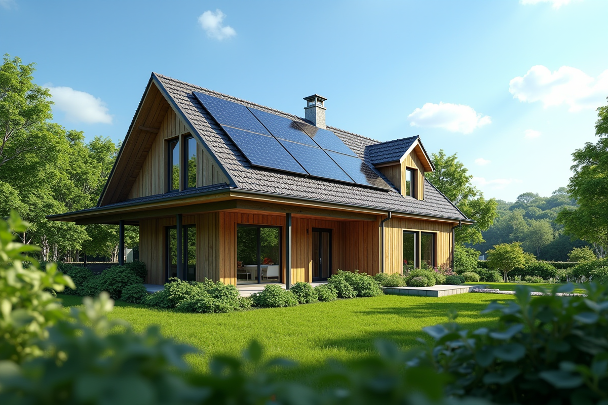 Maison écologique avec panneaux solaires et jardin naturel