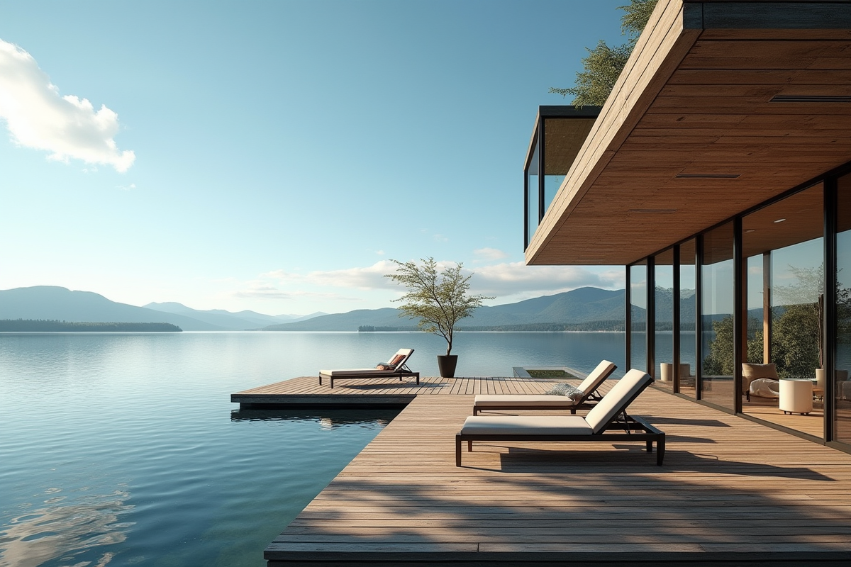 Maison moderne au bord du lac avec terrasse ensoleillee