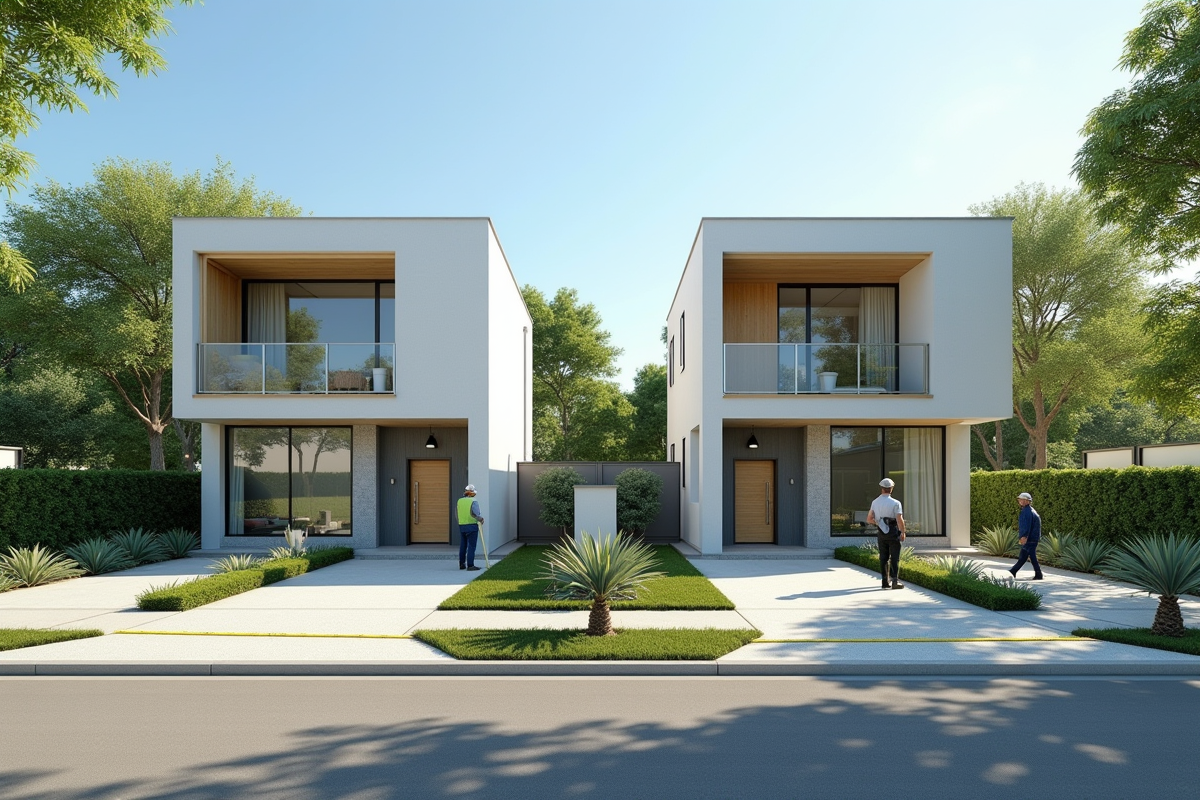 Deux maisons modernes en construction dans un quartier vert