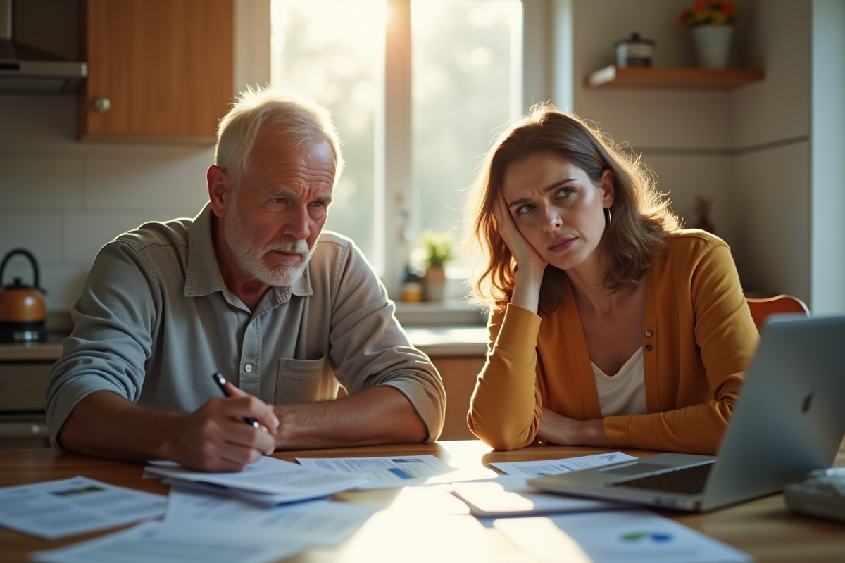 Couple inquiet avec documents financiers à la maison