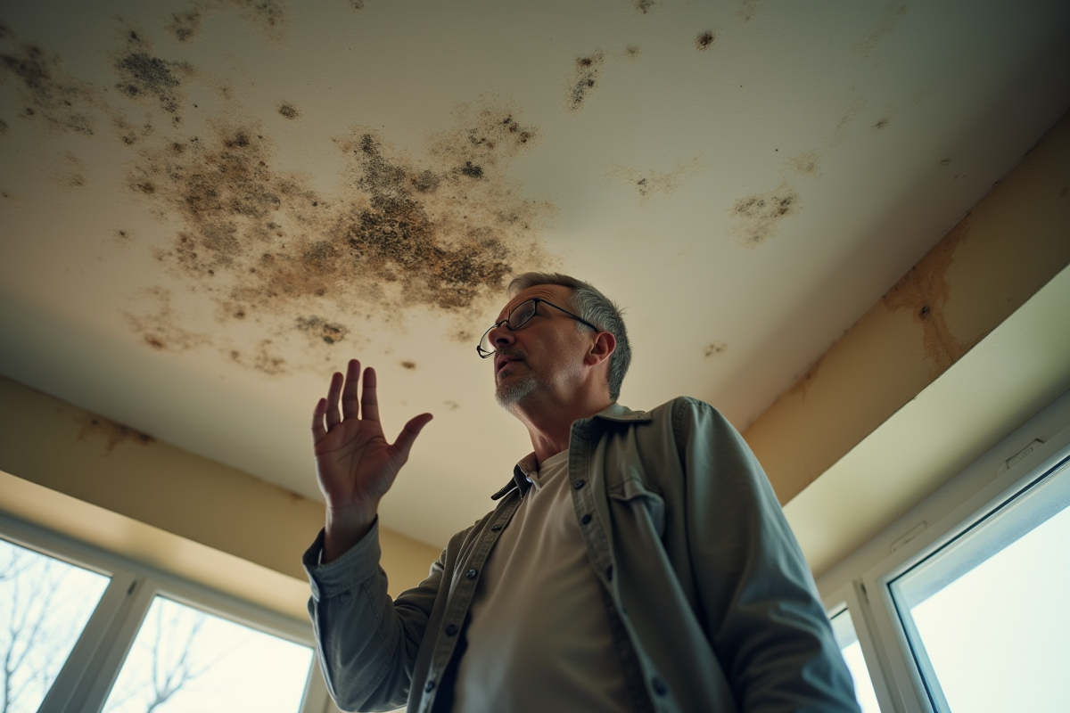 Locataire montrant la moisissure sur le plafond d'un appartement