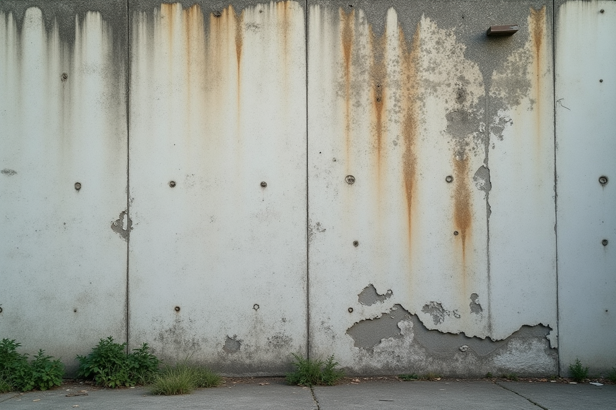 Détail d'un mur en béton dégradé avec taches d'humidité