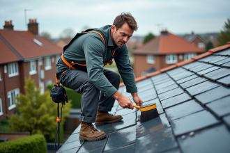 Homme en tenue de travail nettoyant un toit en ardoise avec brosse