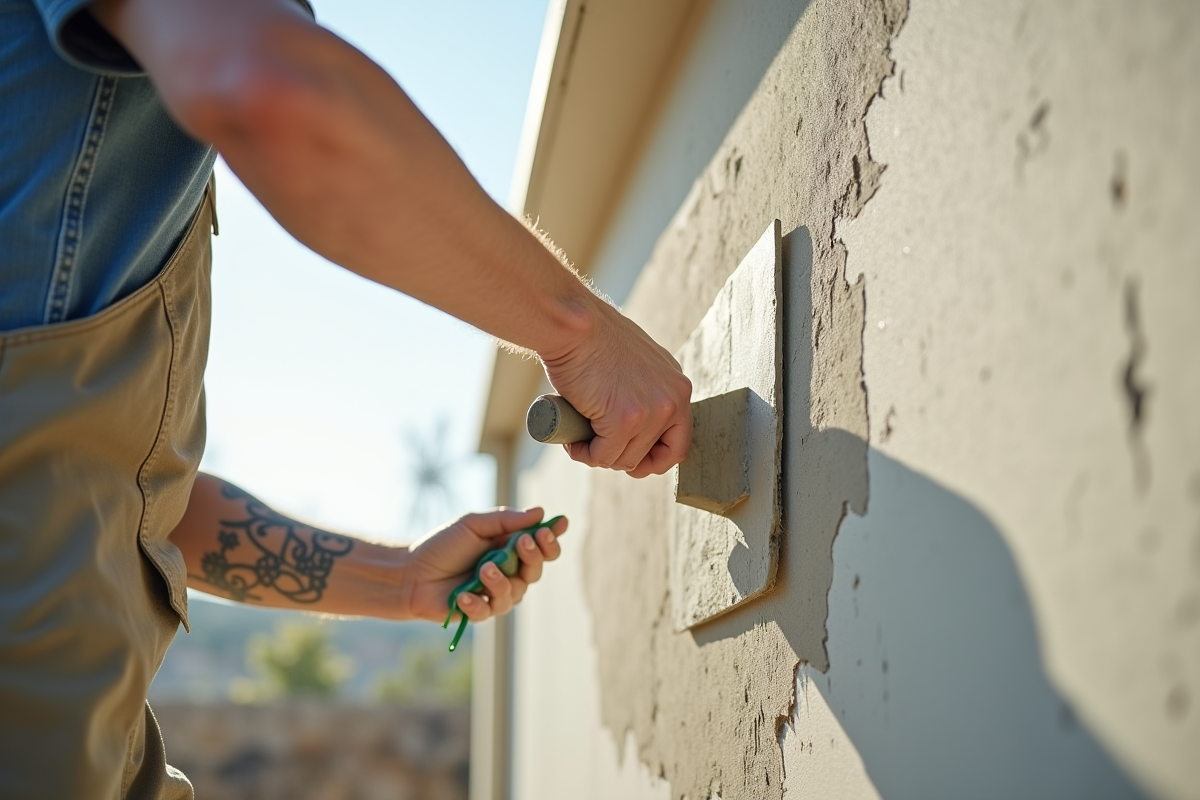 Ouvrier appliquant enduit sur mur extérieur maison moderne