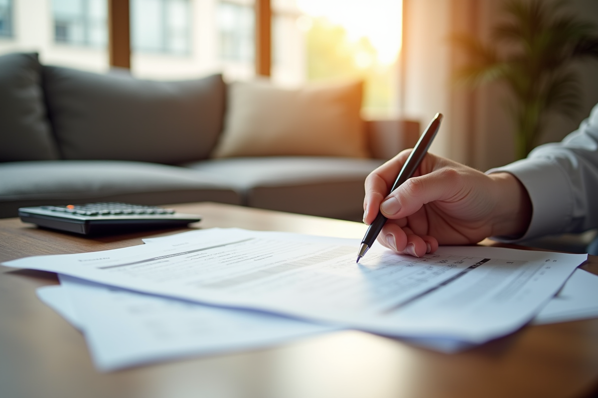 Salon lumineux avec documents fiscaux et calculatrice sur la table