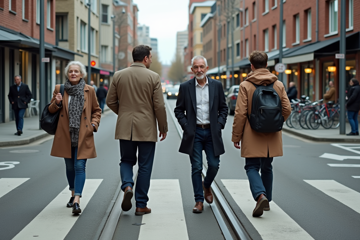 Groupe de piétons divers attendent au passage piéton en ville