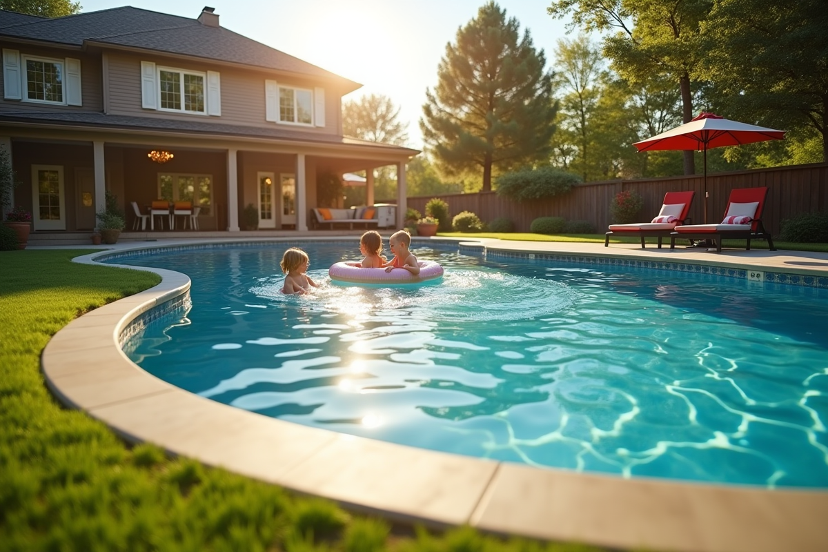 Piscine familiale prête avec enfants jouant en été