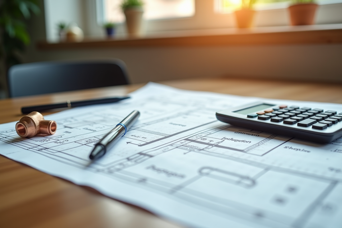 Détails de plans de plomberie et outils sur une table de cuisine