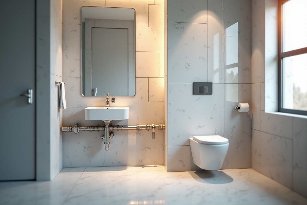 Salle de bain rénovée avec plomberie neuve apparente et éclatante