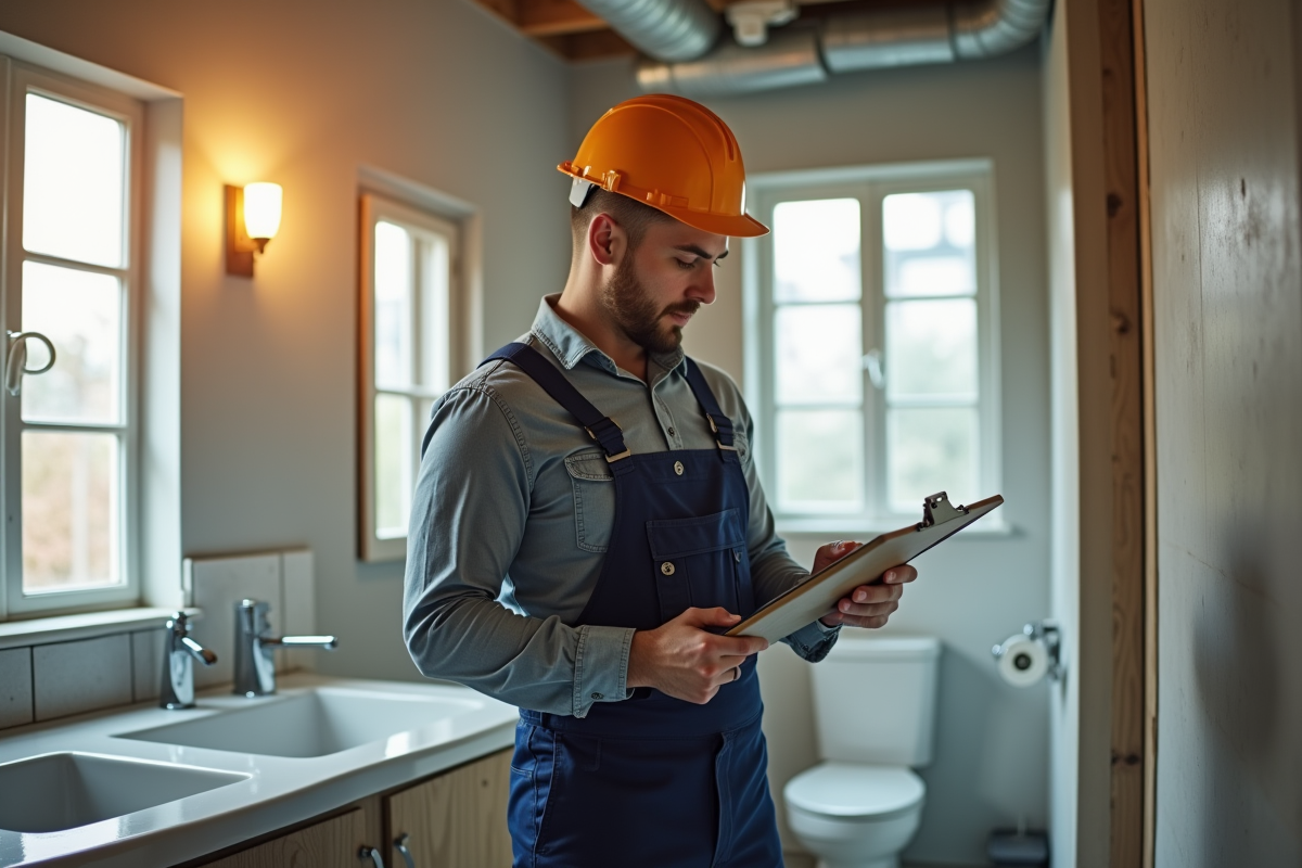 Plombier en travaux dans une salle de bain en rénovation