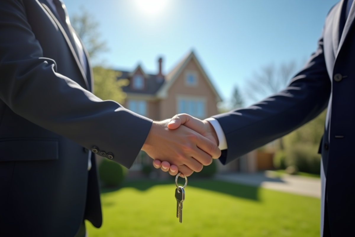 Poignee entre deux personnes devant une maison en banlieue