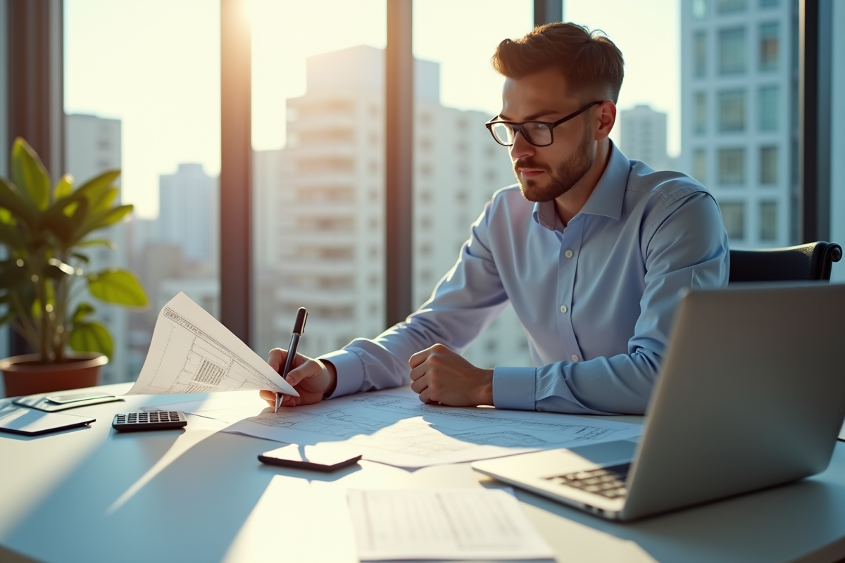 Professionnel confiant analysant des documents de rénovation immobilière