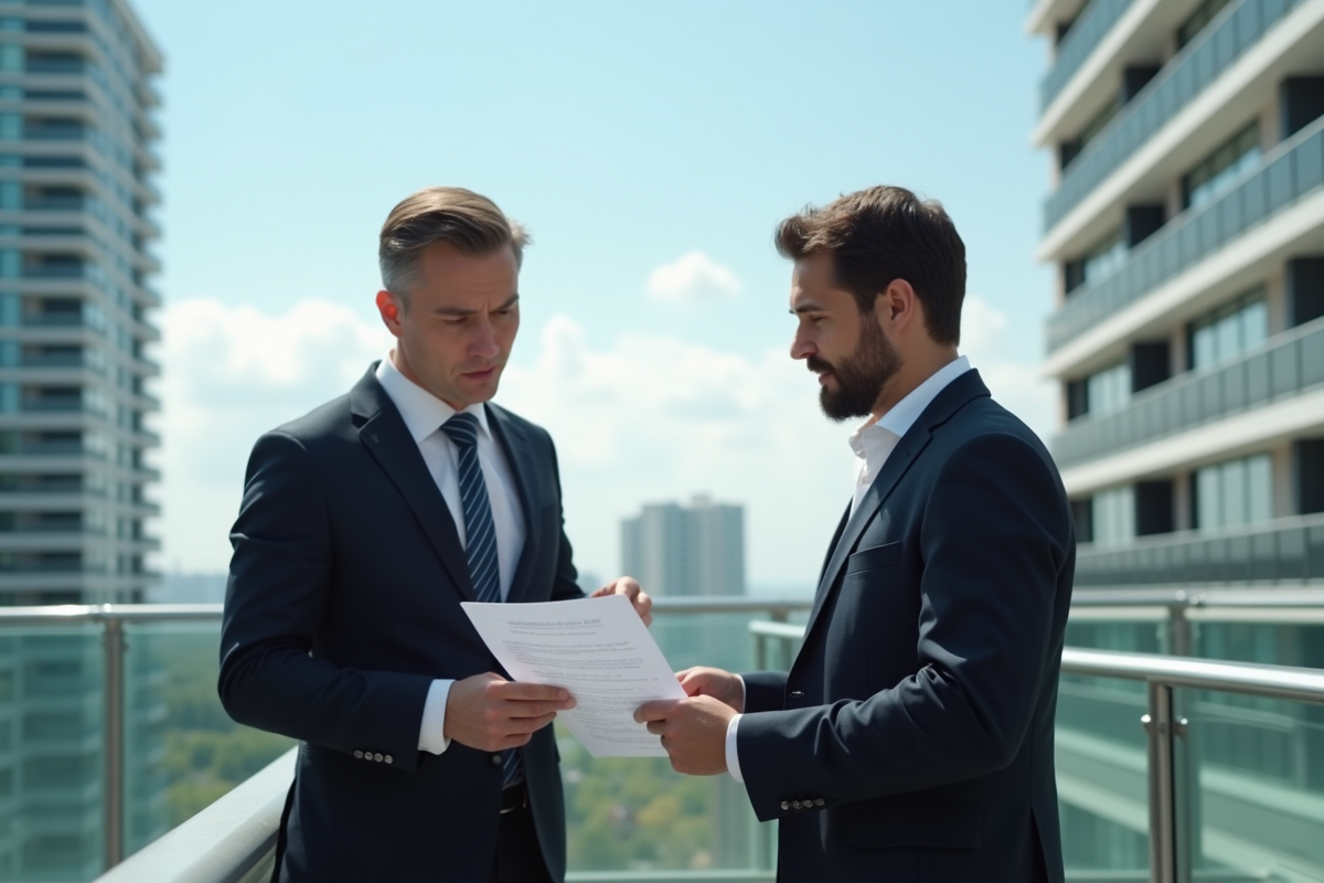 Deux professionnels discutant de documents sur une terrasse en rooftop