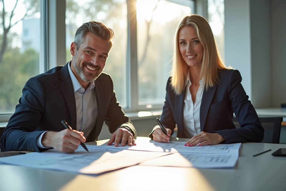 Deux professionnels confiants examinant des plans de construction