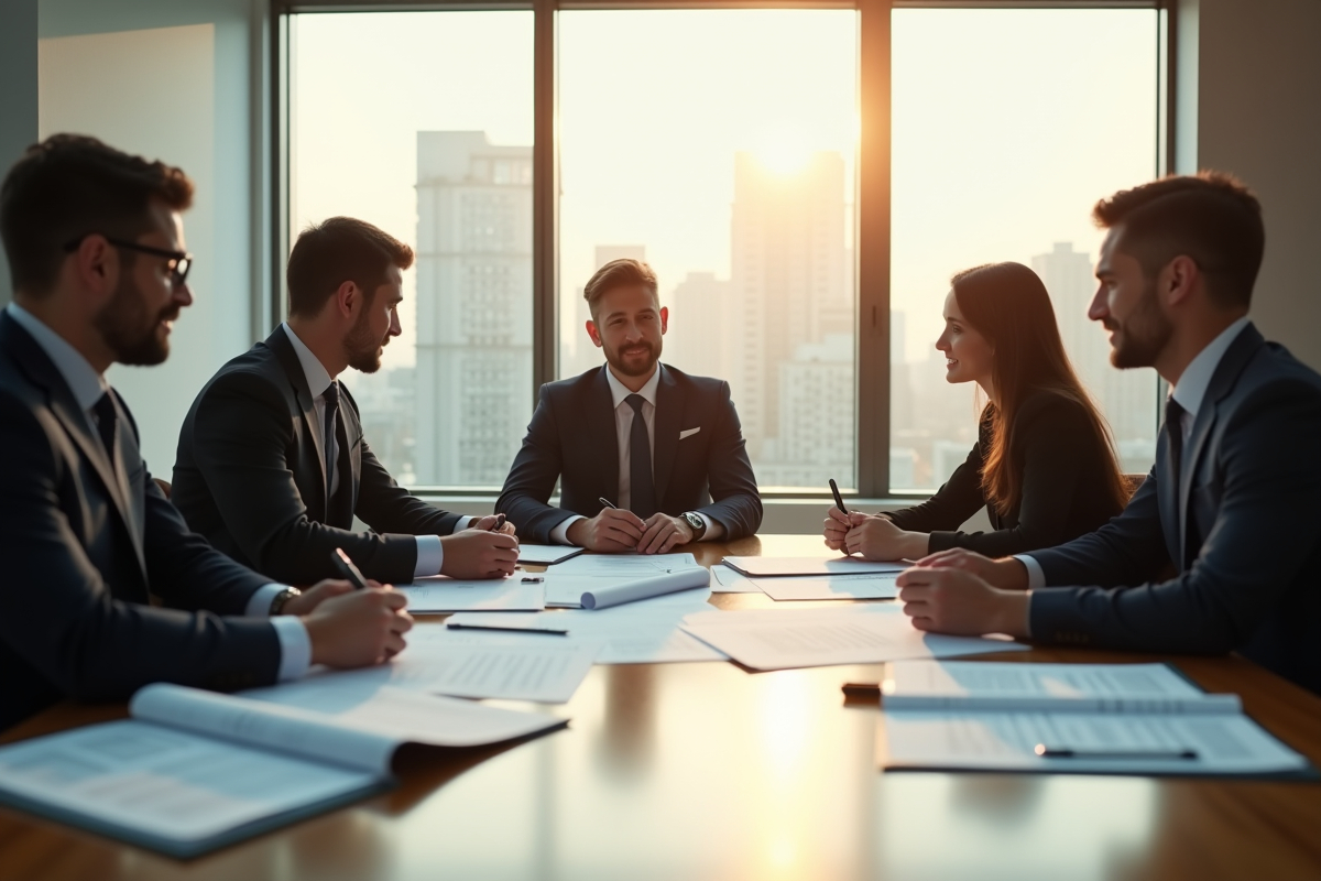 Groupe de professionnels analysant des documents immobiliers en réunion