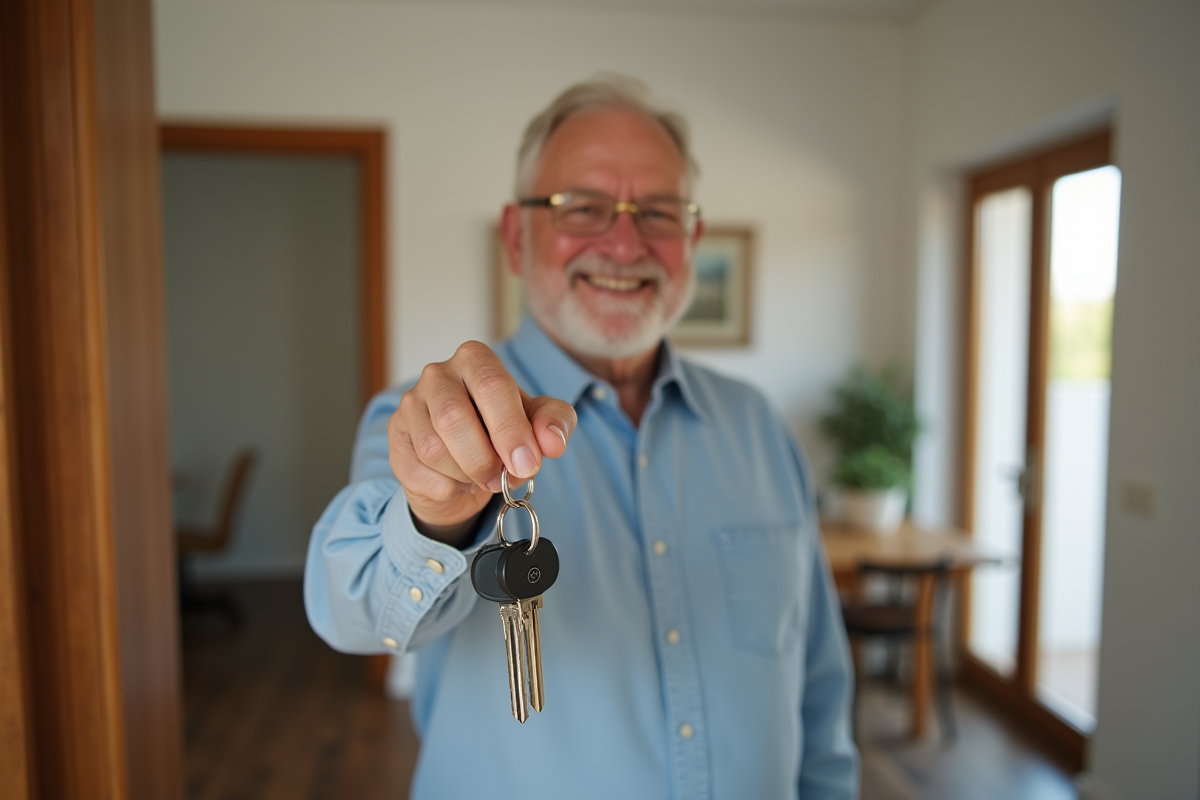 Propriétaire souriant tenant des clés dans un intérieur lumineux