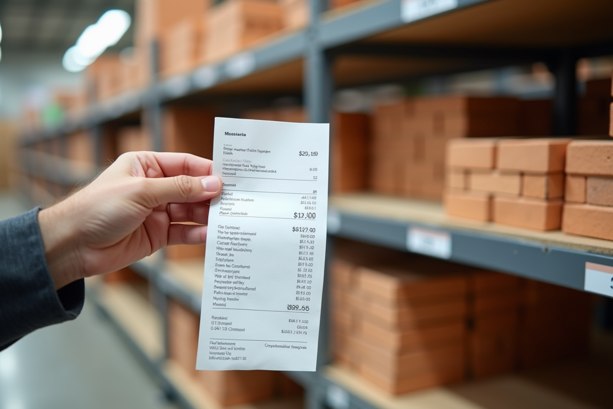 Main tenant un reçu avec prix augmentes devant matériaux