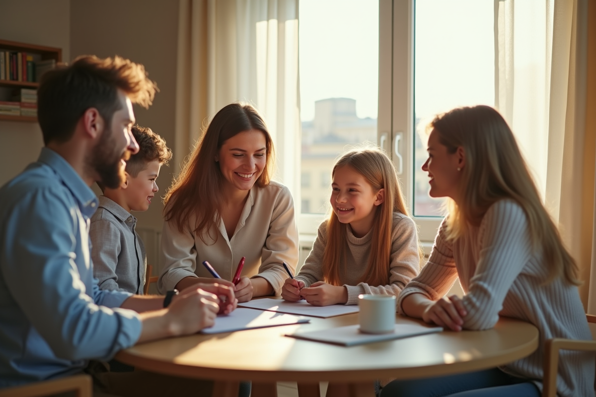 Famille rencontrant un agent immobilier dans un appartement lumineux