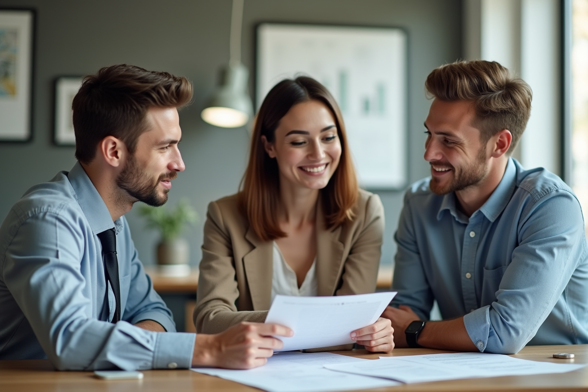 Jeune couple rencontrant un conseiller financier dans un bureau moderne