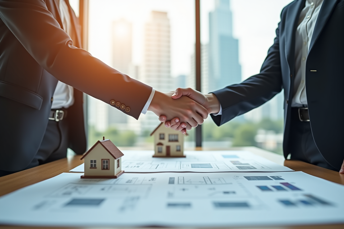 Deux personnes se serrant la main sur une table avec plans immobiliers