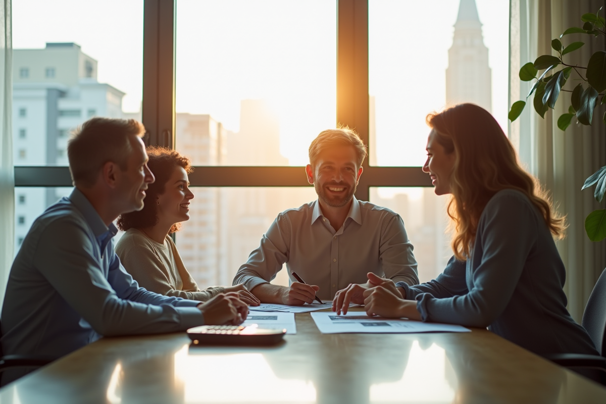 Réunion familiale avec conseiller immobilier dans un bureau lumineux