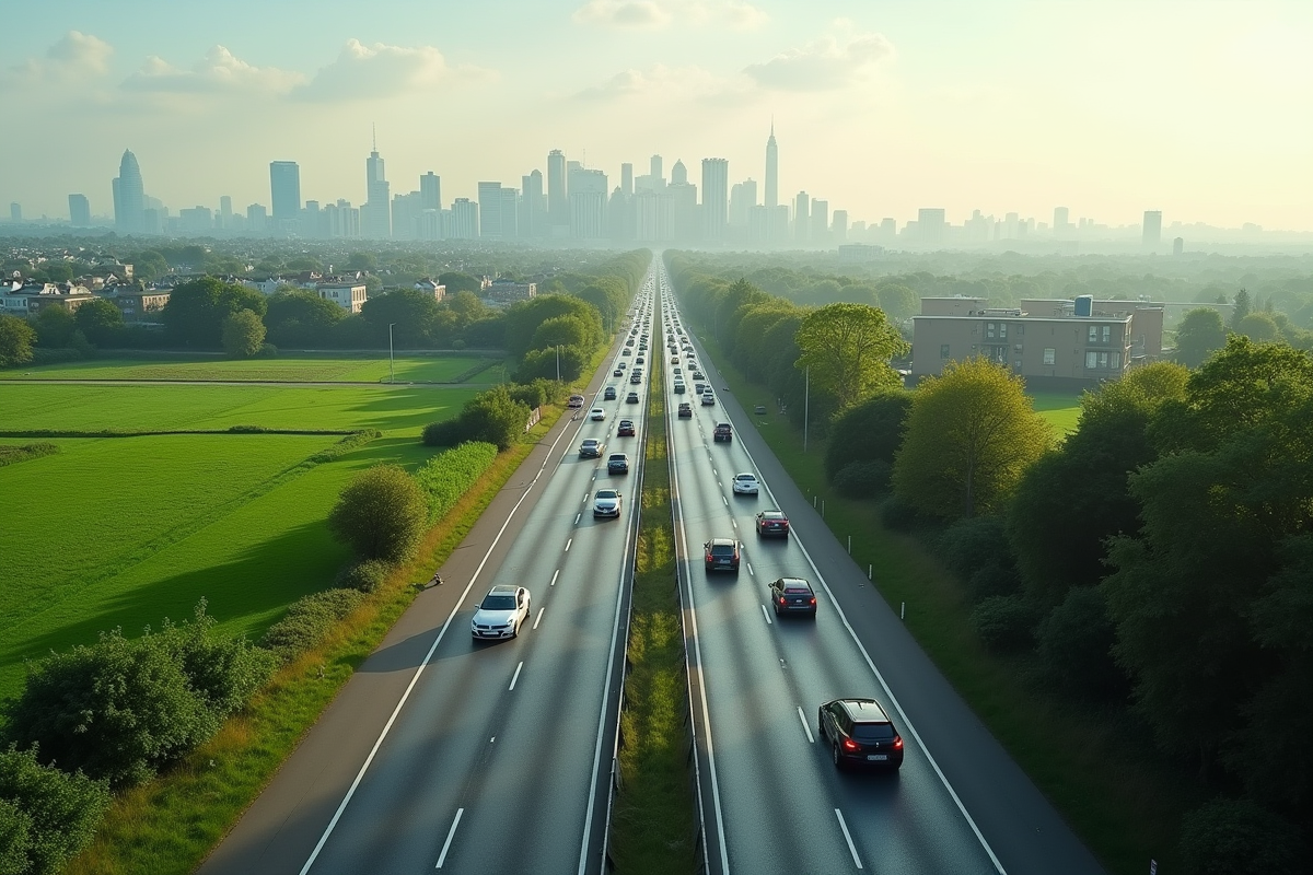 Route congestionnee entre campagne et ville avec trafic dense