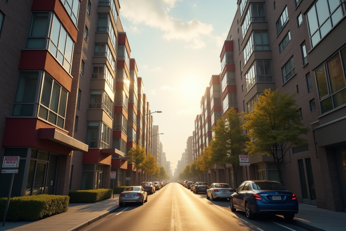Rue de la ville avec immeubles et panneaux à louer ou vendre