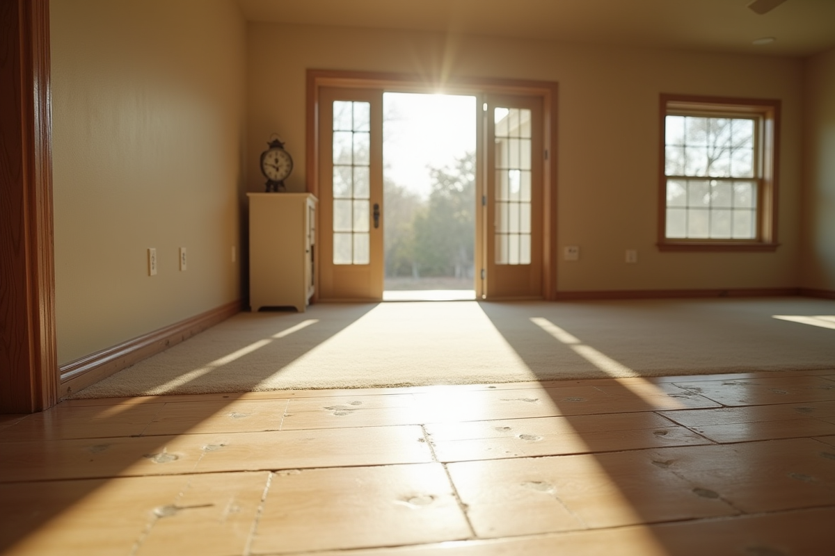 Salon lumineux avec sol en bois et lumière naturelle