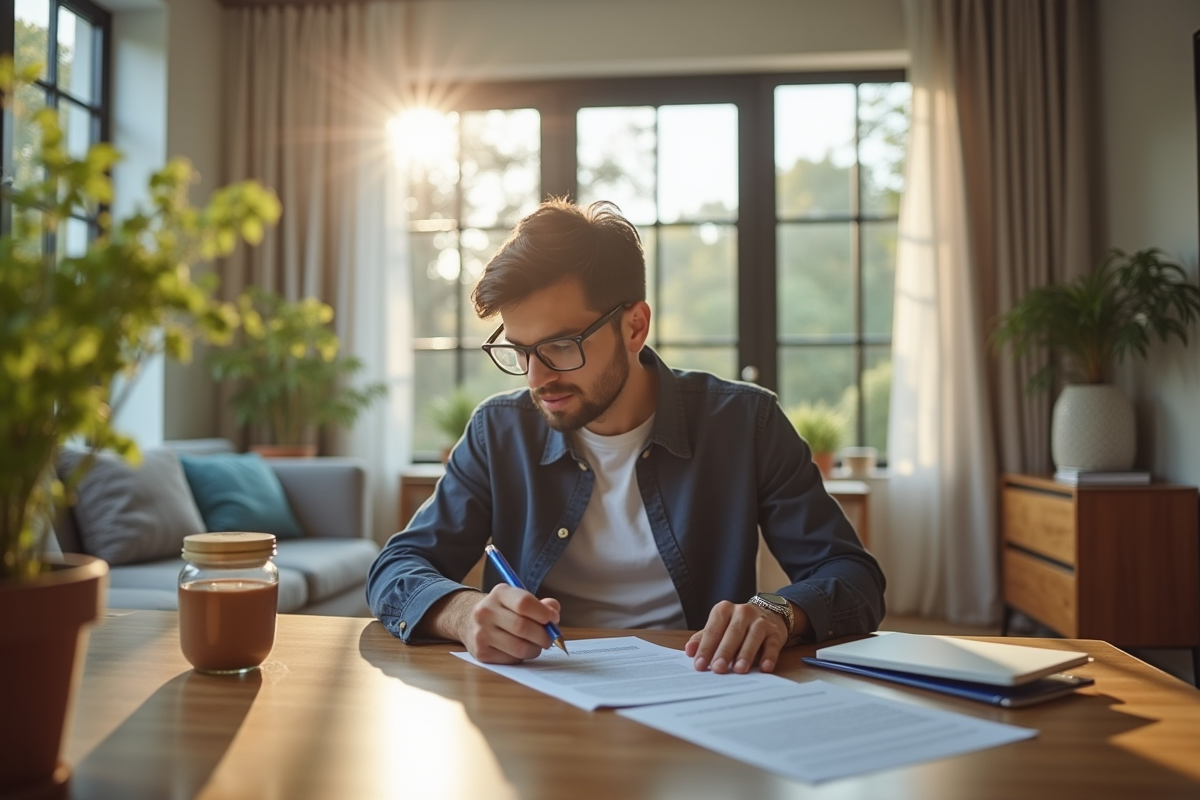 Salon moderne lumineux avec professionnel et documents immobilier